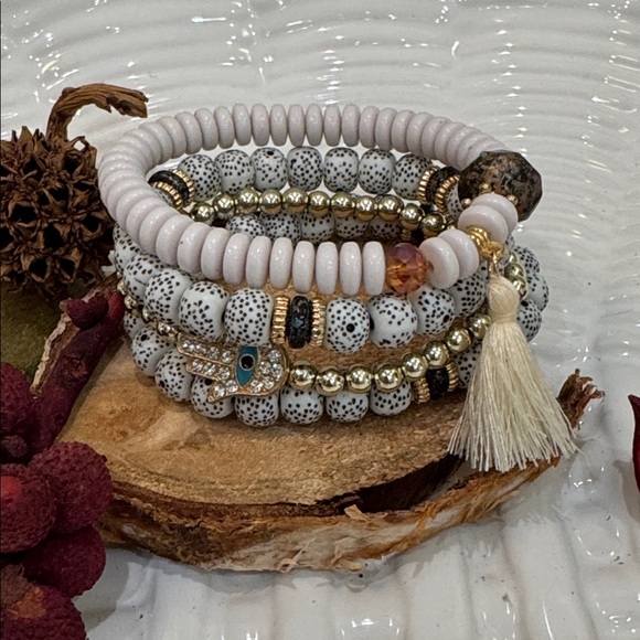 Modern Boho Mixed Beaded Bracelet with Tassel in White - Picture 1 of 8